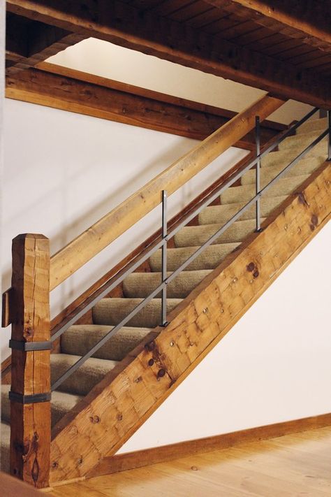 Living Room Renovation | One Room Challenge | Rustic Industrial Staircase | The Roots of Home Cabin Handrail Ideas, Cabin Staircase, Industrial Staircase, Loft Railing, Rustic Staircase, Loft Staircase, Rustic Stairs, Timber Logs, Timber Frame House