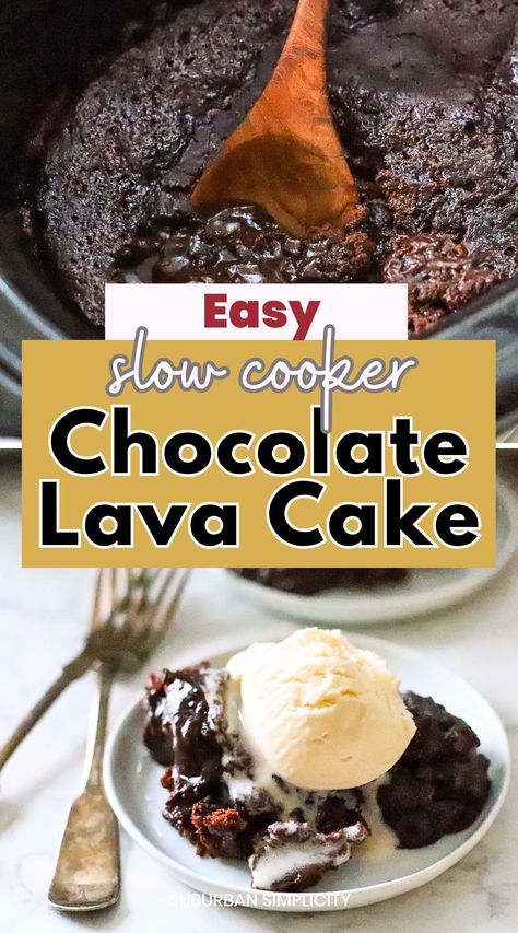 This gooey and rich chocolate Crockpot Lava Cake is divine and so easy to make! It’s the perfect homemade slow cooker dessert recipe the entire family will love. Large batch great for potlucks and parties. Crockpot Brownie Lava Cake, Crock Pot Chocolate Lava Cake, Crockpot Lava Cake Easy, Chocolate Lava Cake In Crock Pot, Crockpot Chocolate Lava Cake, Lava Cake Recipe, Crockpot Lava Cake, Slow Cooker Cake, Crockpot Dessert Recipes