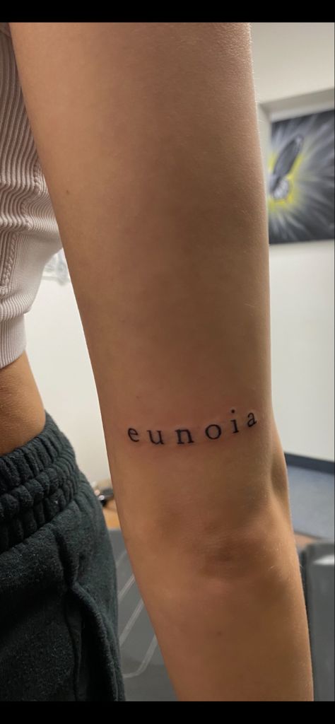 Tattoos For Ambitious Women, Ambitious Tattoo Ideas, Eunoia Tattoo, Tattoo Ideas Back Of Arm, German Tattoo Ideas For Women, German Tattoo, Back Of Arm Tattoo, Harley Davidson Tattoos, Tattoo Placements