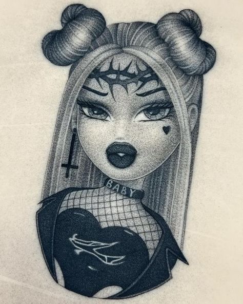 ⛧ 𝕷𝖆𝖚𝖗𝖎𝖊 𝕵𝖔𝖊 ⛧ on Instagram: "BRAT All done with @dynamiccolor and @killerinktattoo 3RL. #brat #bratz #bratztattoo #bratzart #dolltattoo #tattoo #blackwork #blacktattoo #blackink #dotwork #BRATZ #neotrad #neotraditional #darkart #gothgirl #gothtattoo #goth #stipple #dynamicblack #uktattoo #uktattooer #london" Bratz Dolls Paintings, Brats Tattoo, Bratz Tattoo, Georgia Tattoo, Chicanas Tattoo, Neo Tattoo, Flash Ideas, Tattoo Apprenticeship, Z Tattoo