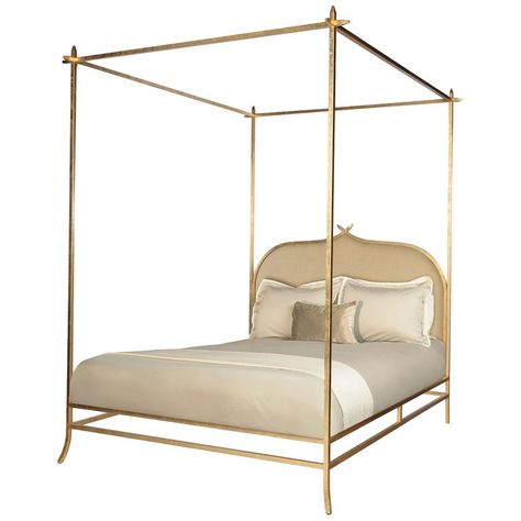 Casablanca Poster King Bed With Gold Leaf Frame By Badgley Mischka Home Gold Four Poster Bed, Low Profile Canopy Bed, Casablanca Poster, King Poster Bed, Linen Headboard, Leaf Frame, Bed Price, Queen Poster, Metal Arch