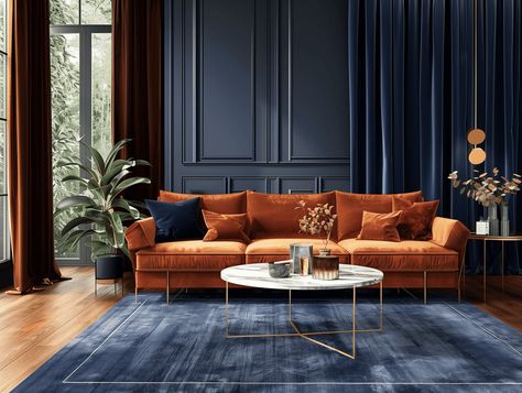 Dark Blue Burnt Orange Living Room, Moody Interior Design Living Rooms, Navy And Burnt Orange Living Room, Burnt Orange Sofa Living Room, Blue And Copper Living Room, Orange Velvet Sofa, Blue And Orange Living Room, Burnt Orange Living Room, Moody Interior Design