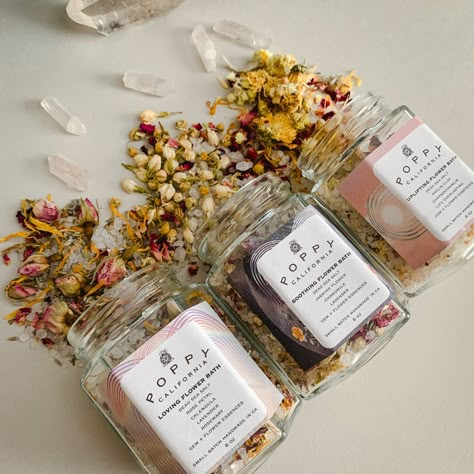 Flower bath salt gift pack in glass hex jars for self care, celestial, moon, and wellness rituals. Made with organic herbs flower, sea salt and essential oils. Flower Petal Bath, Witchy Store, Meditation Rituals, Wellness Rituals, Bath Salt Jars, Salt Jar, Bath Salts Gift, Skincare Lifestyle, Lavender Rosemary