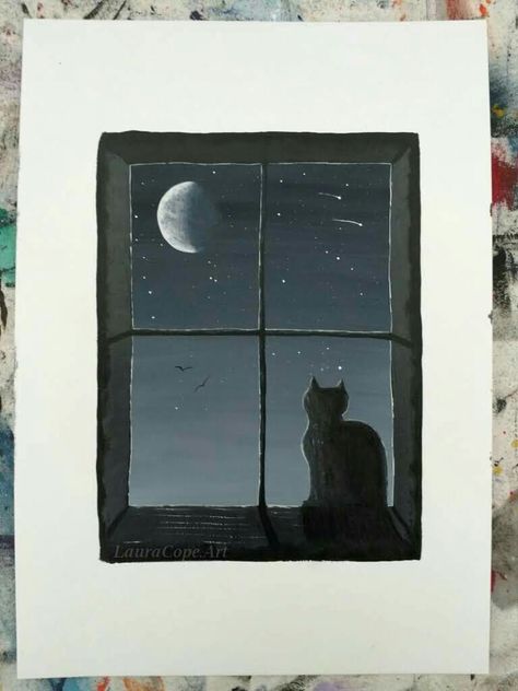 Cat Window Drawing, Cat In A Window, Watching The Moon, Alice Art, The Moon Art, Moon Window, Cat And Cloud, Rainy Window, Dengeki Daisy