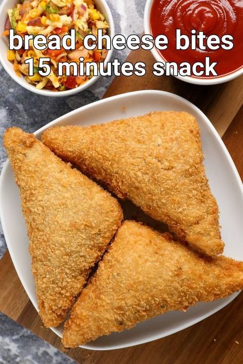 bread cheese bites recipe | cheese bread triangles | cheese bread bites with step by step photo and video recipe. bread-based snacks recipes are always a popular tea time snack appreciated by all age groups. generally, these are mixed or powdered to mix with other ingredients or flours, but can also be used to deep fry and make a crisp snack out of it. one such easy and simple bread-based snack recipe is the bread cheese bites recipe known for its crisp and crunchy texture. Cheese Bites Recipe, Bread Bites, Spicy Snacks Recipes, Snacks Appetizers, Bread Cheese, Pakora Recipes, Tandoori Masala, Tastemade Recipes, Vegetarian Fast Food