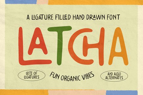 Latcha is a fun ligature filled sans serif typeface by Hustle Supply Co. With plenty of hand drawn imperfections, latcha is perfect for designs that are playful and organic.Latch could be great for your next poster design, packaging design or branding p… Hand Drawn Packaging Design, Funky Type Design, Hand Drawn Type Poster, Organic Typeface, Fun Typeface, Playful Typeface, Fun Typography Design, Cool Fonts Alphabet, Hand Written Letters