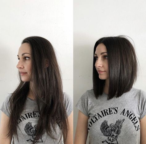 Hair Long To Short Before And After, Long Bob Haircuts Dark Hair, Haircuts Before And After Long To Short, Long To Bob Hair Before And After, Hair Cuts Before And After Long, Subtle Inverted Bob, Before And After Bob Hairstyles, Before And After Lob Haircut, Hairstyles Before And After