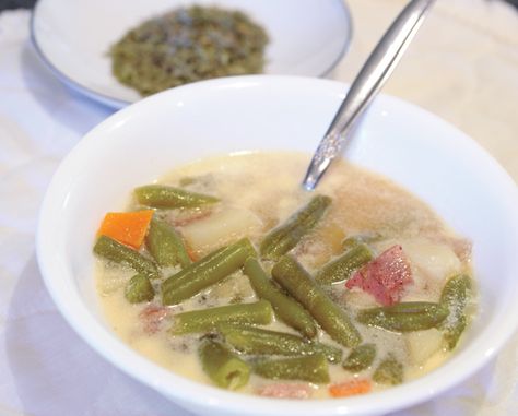 Green bean soup is a big hit at Schmeckfest, Freeman, South Dakota's tasty annual festival of German cuisine and culture. Green Bean Soup Mennonite, Green Bean Soup German, Green Bean Soup, Green Beans Soup, Beans Soup, German Dishes, Mennonite Recipes, Summer Savory, Ham And Bean Soup