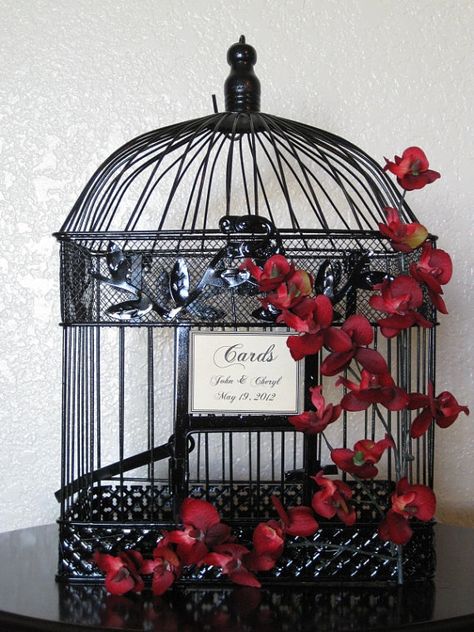 Birdcage Card Holders, Birdcage Wedding, Vampire Wedding, Bird Cage Centerpiece, Black Red Wedding, Wedding Birdcage, Wedding Card Box, Bird Cage Decor, Hydrangeas Wedding