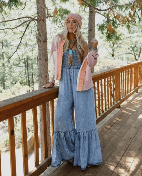 Get ready to channel your inner bohemian goddess with the Nostalgia Denim Jumpsuit. You'll look effortlessly boho-chic and ready-to-go in this stunning one-piece! ⁠ ⁠ Denim Flare Jumpsuit Outfit, Blue Jean Jumpsuit Outfits, Flare Jumpsuit Outfit, Jean Jumpsuit Outfit, Blue Jean Jumpsuit, Jean Jumpsuit, Jumpsuit Outfits, Boho Jeans, Flare Jumpsuit