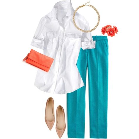 "turquoise & coral" by shopwithm on Polyvore Turquoise Pants Outfit, Turquoise Pants, Turquoise Clothes, Teal Pants, Color Outfits, Shiny Shoes, Stylish Work Attire, Handbags Crossbody, Patent Leather Shoes