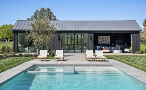 Industrial Pool House, Barn Pool House Ideas, Modern Farm Pool House, Pole Barn Pool House Backyard, Log Cabin Pool House, Detached Guest House, Crushed Gravel, Boutique Resort, Pool House Designs