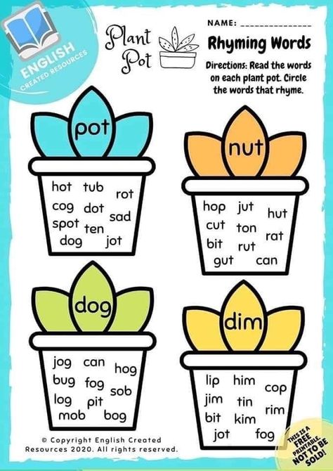 Rhyming Words List, Rhyming Words For Kids, Rhyming Words Activities, Rhyming Words Worksheets, Phonics Reading Passages, Cvc Words Kindergarten, Kindergarten Phonics Worksheets, Reading Comprehension Lessons, English Activities For Kids