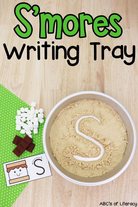 This s'mores writing tray is a fun way for kids to practice letter formation. Use these free printable cards during your camping theme week! Preschoolers and kindergartners will love to practice writing letters this way! Camping Fine Motor For Toddlers, Camping Theme School Activities, Camping Week Preschool Activities, Camping Math Activities Preschool, Camping Preschool Theme, Camping Activities For Preschool, Letter Formation Cards, Preschool Camping Activities, Summer Literacy Activities