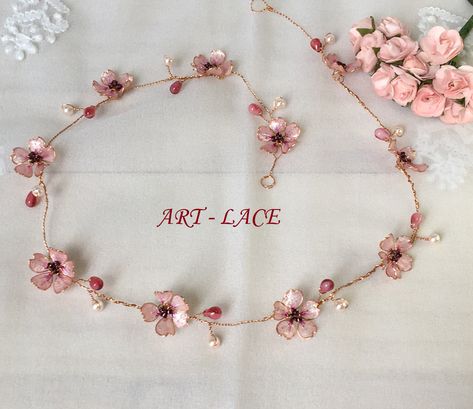 Hair Garland Wedding, Sakura Hair, Cherry Blossom Hair, Pink Hairband, Flower Garland Hair, Rose Gold Hair Vine, Rose Gold Hair Accessories, Hair Tiara, Pink Flower Hair