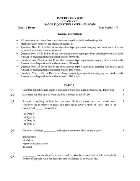 Class 12 Psychology, Sample Question Paper, Psychology Notes, Psychology Student, Sample Paper, Board Exam, Secondary Education, Question Paper, Exam Preparation