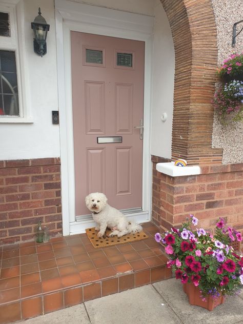 Pink Upvc Front Door, Sulking Room Pink Front Door, Dusky Pink Front Door, Upvc Door Makeover, Pink Front Door Brick House, Mauve Front Door, Blush Front Door, Pink Door Exterior, Pink Exterior House