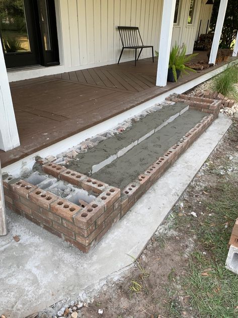 Front Porch Stairs, Front Porch Stone, Concrete Front Porch, Porch Extension, Brick Porch, Stone Porches, Porch Stairs, Front Porch Steps, Deck Stain