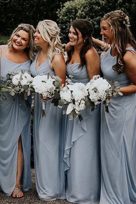 Blue Grey Bridesmaid Dresses, Bridesmaid Dresses Blue Dusty, Navy Blue Wedding Aesthetic, Dusty Blue Wedding Bridesmaid Dresses, Winter Bridesmaid Dresses Blue, Pale Blue Bridesmaid Dress, Dusty Blue Bridesmaids Dresses, Dusty Blue Bridesmaid, Dusty Blue Bridesmaid Dresses Mismatched