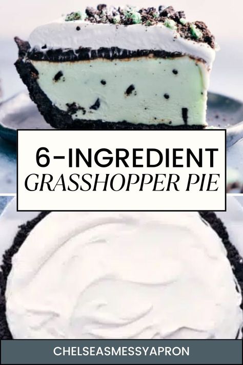 Only six ingredients to make this delicious and refreshing ice cream Grasshopper Pie — the perfect summer treat that takes minutes to assemble! #dessert #best #quick #easy #simple #treat #icecream #icecreampie #grasshopper #pie Easy Grasshopper Pie, Grasshopper Pie Non Alcoholic, Grass Hopper Pie, Grasshopper Pie Creme De Menthe, Grasshopper Pie Recipe, Ice Cream Pie Recipe, Crisps And Cobblers, Grasshopper Pie, Chelsea's Messy Apron