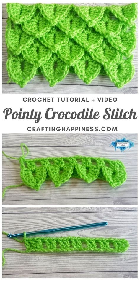 Learn how to crochet the Pointy Crocodile Stitch - a free step by step tutorial & video from Crafting Happiness. Easy tutorial for beginners. #crochetblankets #crochetafghans #crochetstitches #crochetpatterns #freecrochetpatterns #crochetforbaby #crochetprojects #crochetbaby #babyblankets #stitchesforblankets Alligator Stitch Crochet, Crochet Crocodile Stitch For Afghans, Crocodile Stitch Blanket, Crochet Dragon Stitch, Dragon Scale Crochet Stitch, Crocodile Stitch Crochet Patterns, Crochet Scale Stitch, Crochet Crocodile Pattern Free, Crocodile Crochet Pattern Free