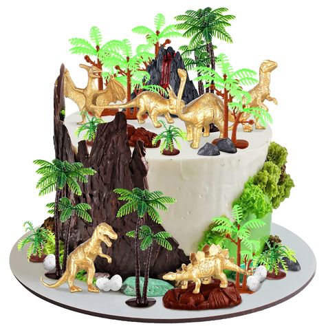 PRICES MAY VARY. Package Quantity: the dinosaur cake topper package comes with 6 dinosaur cake toppers, 2 pieces of 5.5 inches realistic palm trees, 4 pieces of 3 inches realistic palm trees, 5 simulated dwarf shrubs, a simulated volcano, 3 simulated rocks, 2 simulated mounds, and 5 simulated dinosaur eggs, to form a complete set that can meet your needs Reliable and Safe Materials: dinosaur cake topper is made of plastic, safe paint, strong enough to withstand hours of rugged play; Artificial d Gold Dinosaur Cake, Wild Baby Shower, Dinosaur Cake Topper, Park Party, Dinosaur Party Supplies, Dinosaur Cake Toppers, Dinosaur Birthday Cakes, Dinosaur Party Favors, Dinosaur Cake