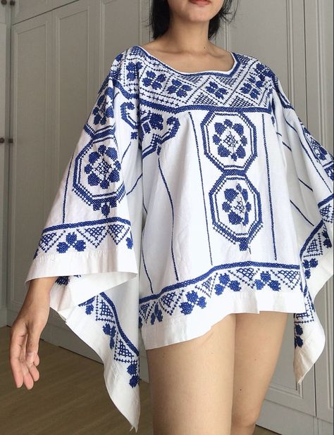 Blue Cross Stitch, Boho Poncho, Garment Details, My Type, Blue Cross, Women's Cover Up, Vintage Linen, Swimwear Cover, Support Handmade