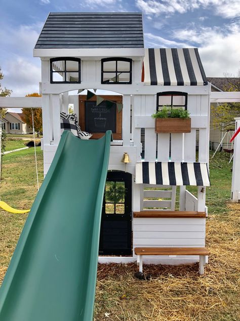 Playset redo Playset Accessories, Redo Outdoor Playset, Refurbished Playset, Playground Remodel, Painted Playset, Play Structure Makeover, Under Playset Ideas, Wooden Playset Makeover, Outdoor Playset Makeover