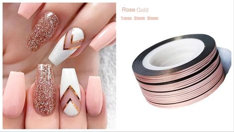 NEW NAIL ART STICKERS STRIPING DECAL FOIL TAPE ROLL ROSE GOLD 1mm 2mm 3mm Nail Striping Tape, Rose Gold Nail Art, Tape Nail Art, Line Nail Art, Nail Tape, Stripped Nails, Lines On Nails, Nail Art Sticker, Glitter Roses