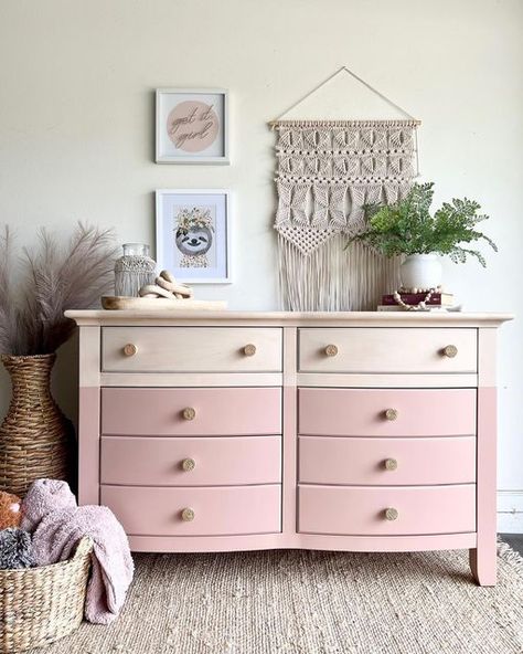 Erin • Furniture and Home DIY on Instagram: "Sophie’s Pink by @melangepaints is THE prettiest neutral pink shade! I raided my daughter’s room to stage this as the cutest little nursery dresser. I used @lillymoonpaint Ole Smoky Gel Stain on the bare wood to tone out the orange and soften up the wood grain. Swipe for before ➡️" Bedroom Draws, Refurbishing Furniture, Girl Dresser, Pink Dresser, Grey Dresser, Bedroom Drawing, Nursery Dresser, Neutral Pink, Oak Dresser