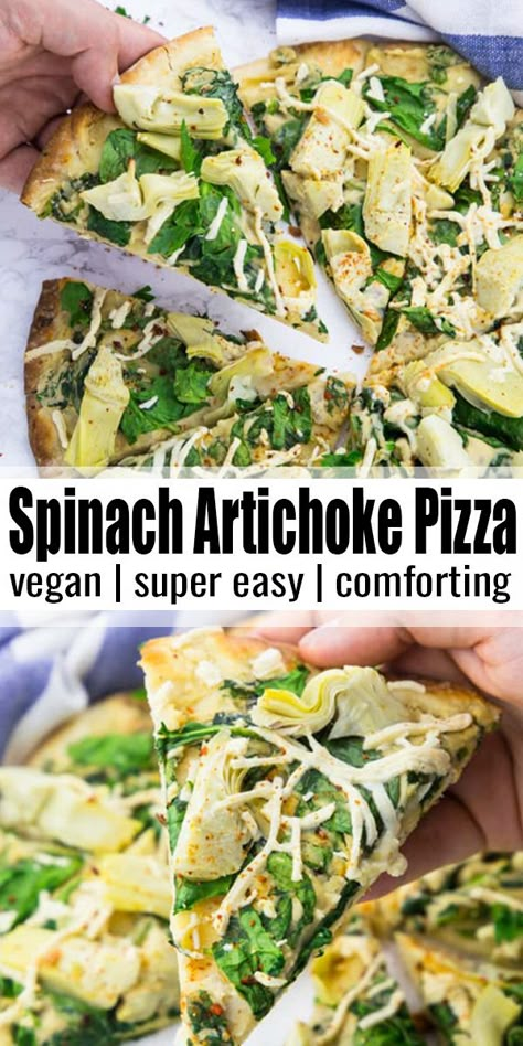 This vegan spinach artichoke pizza is the ultimate comfort food! If you like spinach artichoke dip, you will LOVE this pizza! You can find more vegan recipes at veganheaven.org! #vegan #veganrecipes Pizza Spinach, Spinach Artichoke Pizza, Spinach Vegan, Artichoke Pizza, Vegan Italian Recipes, Pizza Vegana, Vegan Pizza Recipe, Vegan Spinach, Italian Pasta Recipes