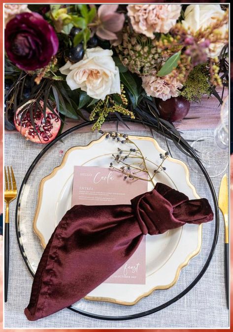 Looking to create a magical ambiance for your winter wedding? Check out these 9 stunning winter wedding table decor ideas that will leave your guests in awe. From elegant centerpieces to sparkling candlelight, these ideas will transform your reception into a winter wonderland. Get inspired and make your special day unforgettable with these winter wedding table decor ideas. Green Velvet Table Runner, Red Wine Wedding, Winter Wedding Table Decor, Wedding Tablescapes Round, Velvet Napkins, Wedding Table Decor Ideas, Velvet Table Runner, Wine Red Wedding, Dark Wedding Theme