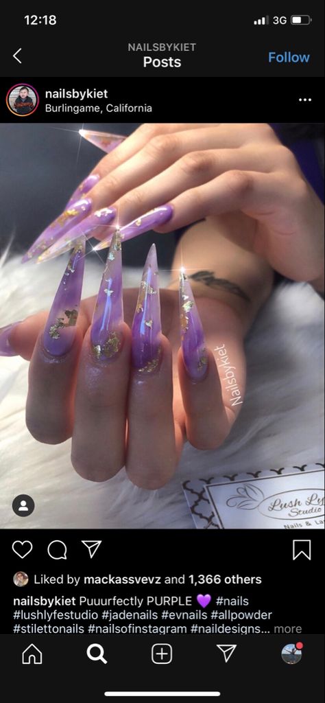 Purple Nail Inspo Acrylic Long, Long Violet Nails, Light To Dark Purple Nails, Purple Jade Nails, Purple Stilleto Nails, Purple Nails Stiletto, Purple Stilletos Nails, Stilleto Lavender Nails, Purple Stiletto Nails Design