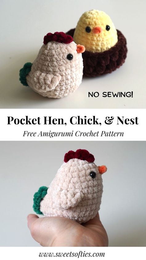 Crochet Amigurumi Chicken Free Pattern, Crochet Baby Chick Pattern, Chunky Animal Crochet Pattern Free, Small Crochet Chicken Pattern Free, Crochet Pocket Plushies, Pocket Animal Crochet, Cute Things To Crochet Free Pattern, Crochet Chicks Free Pattern, Dino Chicken Nugget Crochet Pattern Free