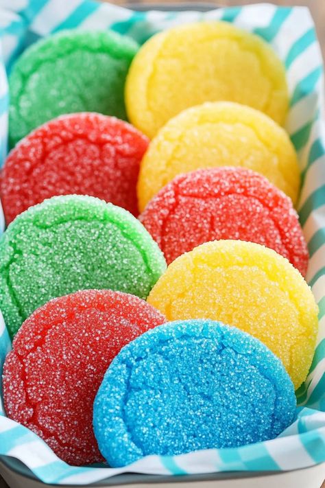 Jello cookies are colorful, fruity, and super fun! Soft and chewy with plenty of bright flavor, they’re perfect for parties or when you need a sweet treat. Jello Balls How To Make, Cookies Made With Jello, Jello Cookies Recipe Easy, Recipes Using Jello, Jello Jigglers Recipe, Mexican Jello, Jello Cookies Recipe, Jello Cookies, Lollipop Cookies