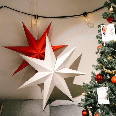 Scandinavian Christmas Stars Diy, Diy Outdoor Star Christmas Lights, Ikea Paper Stars, Diy Large Star Decoration, Giant Paper Stars Diy, Paper Stars Decor, Paper Christmas Stars How To Make, Diy Star Lantern, Big Paper Stars Diy