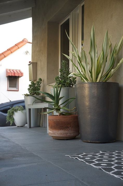 Clean modern planters mix well with vintage terra-cotta on the front porch. Front Door Pots Plants Entrance, Pots Front Door, Front Door Pots, Outdoor Plant Pots, Modern Front Porches, Entryway Outdoor, Home Front Porch, Potted Garden, Pots Plants