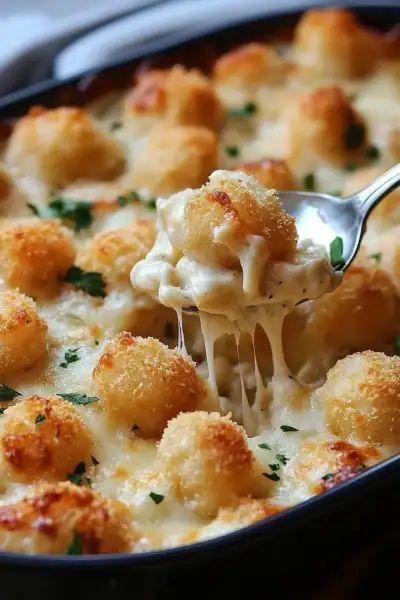 Creamy Tater Tot Casserole, Alfredo Tater Tot Casserole, Tator Tot Chicken Alfredo, Chicken Alfredo Hotdish, Chicken And Tater Tot Casserole, Tatertot Casserole Recipe Chicken, Chicken Tot Casserole, Tator Tot Recipes Dinners, Chicken Alfredo Tater Tot Casserole