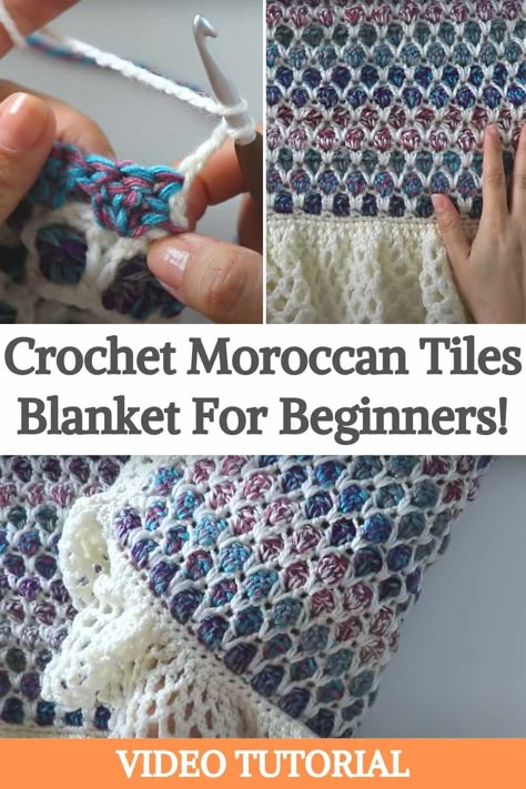 The Moroccan Tile Blanket is warm, cozy, a fast stitch pattern to crochet, and very colorful! One of the best parts of this blanket is that this kind of stitch makes it completely reversible, so you can use it on both sides. The author also added a cute border to give an extra of cuteness with a romantic wise to the blanket. The complete blanket turns out a square that measures around one meter on each side, including the border. If you want to make this exact size shown on the video you'll... Moroccan Stitch Crochet, Crochet Tile Blanket, Moroccan Tile Stitch Crochet, Reversible Crochet Blanket Pattern, Crochet Moroccan Tile, Moroccan Crochet Blanket, Crochet Moroccan Tile Afghans, Moroccan Tile Crochet Patterns, Crochet Reversible Blanket