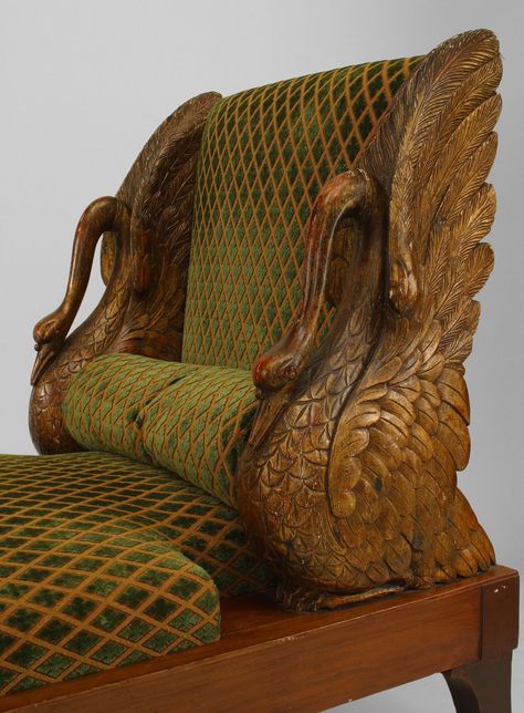 Swan Furniture, Moon Hanging, Unusual Furniture, Velvet Drapes, Antique Wood, Wood Carvings, Mahogany Wood, Swans, Bay Window