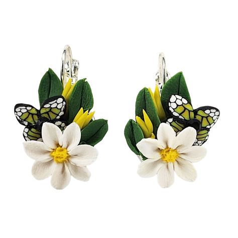 Daisy Butterfly Earrings | Floral Butterfly Earrings | Nature Jewelry | April Daisies Gifts by StrandedTreasures on Etsy Daisy Butterfly, Cottagecore Earrings, April Birth Flower, Clay Silver, April Flowers, Earrings Nature, Clay Color, Bezel Earrings, Match Colors