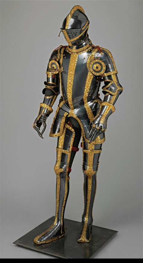 The Blue-Gold Armour of Maximilian II Spanish Knight, Kunsthistorisches Museum Wien, Gold Armor, Medieval Helmets, Medieval Gothic, Historical Armor, Knight Armor, Arm Armor, Medieval Armor