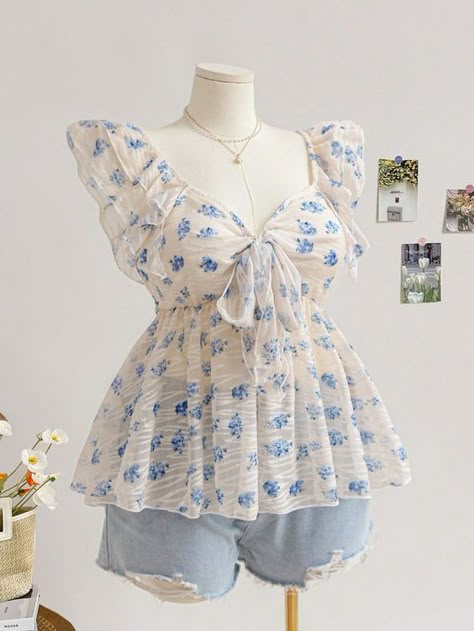 Multi-Color Textured Blue Floral Pleated Cap Sleeve Butterfly Tie Waist A-Line Plus Size Shirt, Romantic Casual Vacation Curve Blouse Multicolor Casual  Short Sleeve Woven Fabric Plants Peplum Non-Stretch  Women Plus Clothing, size features are:Bust: ,Length: ,Sleeve Length: Cute Tops For Women Casual, Blue Outfits Casual, Cute Floral Outfits, Cute Top Ideas, Floral Shirt Outfit, Cute Blouses For Women, Romantic Clothes, Fabric Plants, Floral Clothing