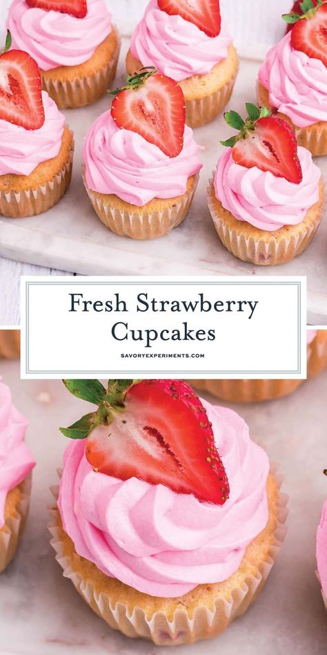 With real strawberries mixed into the batter, these EASY Lemon Strawberry Cupcakes are the ultimate summer dessert recipe! Lemon Strawberry Cupcakes, Strawberry Cupcake Recipe, Strawberry Cupcakes Recipe, Summertime Desserts, Strawberry Cupcake Recipes, Strawberry Things, Strawberry Cupcake, Easy Frosting, Cupcake Images