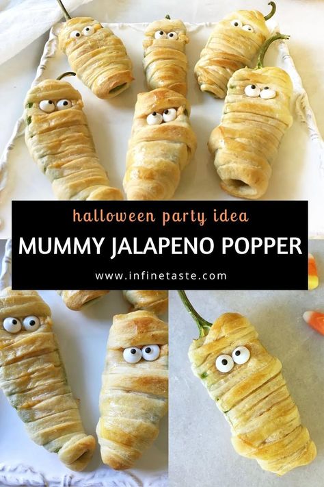 Mummy Poppers, Easy Halloween Party Food, Easy Halloween Snacks, Halloween Snacks For Kids, Halloween Food Appetizers, Halloween Appetizers, Crescent Dough, Yummy Mummy, Halloween Baking