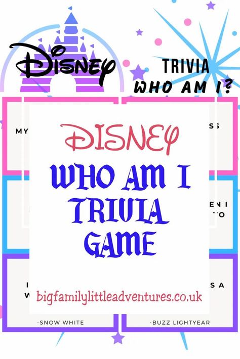 How well do you know your disney trivia, can you guess who these disney characters are from their clues, challenge your family and friends to find the disney superfan. #bigfamilylittleadventures Disney Bingo Printable Free, Disney Games For Adults, Disney Party Ideas, Disney Camp, Who Am I Game, Disney Trivia Questions, Crush Quizzes, Disney Trivia, Disney Camping