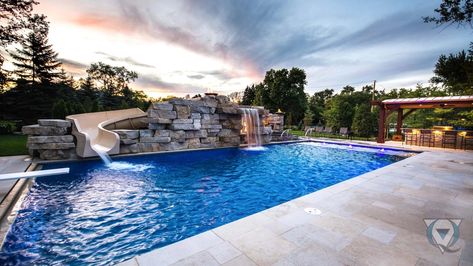 Inground Pool Slides, Pool Kings, Gunite Swimming Pool, Swimming Pool Service, Inground Pool Landscaping, Inground Pool Designs, Rectangle Pool, Big Pools, Dream Backyard Pool