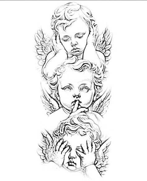 Angels Hear No Evil See No Evil Tattoo, Angel Speaking In Ear Tattoo, Three Angles Tattoo, Angles Tattoos For Women, Whispering Angel Tattoo, Baby Angels Tatoos, 3 Angels Tattoo Designs, Angel Neck Tattoos Women, Good Angel Bad Angel Tattoo