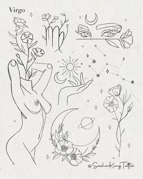 The Meanings Of Virgo Tattoos Virgo Linework Tattoo, Fine Line Tattoos Virgo, Morning Glory Virgo Tattoo, September Virgo Tattoo, Virgo Doodles, Virgo Sketch Art, Virgo Spirit Animal Tattoo, Virgo Female Tattoo, Virgo Flash Sheet