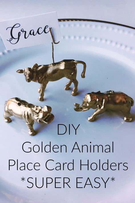 Make these DIY gold toy animal place card holders. They will add whimsy to any table, are fun for adults and kids, and are super easy to make! Animal Place Cards, Diy Party Animals, Place Card Holders Diy, Diy Buffet, Wedding Touches, Card Holder Diy, Place Card Holders Wedding, Table Card Holder, Diy Gold